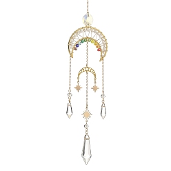 Golden Star Moon Brass & Rainbow Chakra Glass Beads Suncatchers, Cone Charms Window Hanging Prism Light Catcher Decor, Golden, 310mm, Hole: 8mm