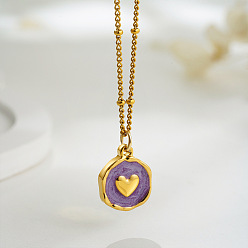 Сердце 304 Женские плоские круглые подвески с эмалированным покрытием из нержавеющей стали, реальный 18 k позолоченный, сердце, 15.75 дюйм (40 см)