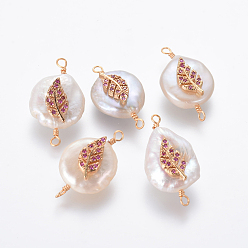 Темно-Розовый Соединители звеньев натурального жемчуга, с латунными микро проложить кубических выводы циркония, самородки с листа, золотые, темно-розовыми, 22~27x11~14x6~8 мм, отверстие : 1.6 мм