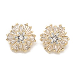 Настоящее золото 16K Стойка покрытие латунные микропаве прозрачные кубические циркониевые кнопки, долговечный, без свинца и без кадмия, цветок, 1-луночное, реальный 16 k позолоченный, 16.5x15x9.5 мм, отверстие : 1.2 мм