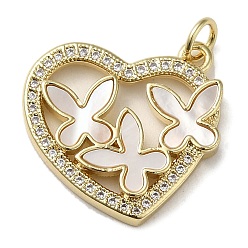 Real 18K Gold Plated Brass Micro Pave Cubic Zirconia Pendants, Cadmium Free & Lead Free, with Shell, Heart with Butterfly, Real 18K Gold Plated, 19.5x20.5x3mm, Hole: 3.4mm