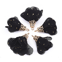 Schwarz Eisen Anhänger & Charms, mit Chiffon, Blume, golden, Schwarz, 23~28x20~30 mm, Bohrung: 1~3 mm