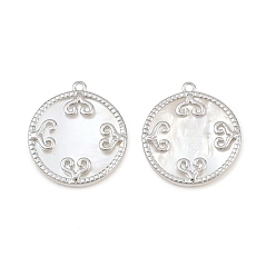 Real Platinum Plated Brass & Natural Shell Pendants, Flat Round with Heart Motif Charm, Real Platinum Plated, 23.5x21.5x3mm, Hole: 1.4mm