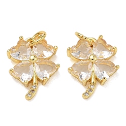 Clear Brass Micro Pave Cubic Zirconia with Glass Pendants, Clover Charms, Rack Plating, Long-Lasting Plated, Cadmium Free & Lead Free, Golden, Clear, 15.5x12x3.5mm, Hole: 3mm