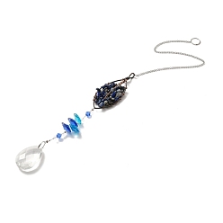 Blue Lapis Lazuli Pendant Decoration, Hanging Suncatcher, with Brass Rings, Horse Eye Alloy Frame and Iron Findings, Teardrop, Blue, 423x2mm, Hole: 10mm