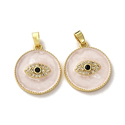 (404) Непрозрачное AB Кислое яблоко Латунные микро проложить кубического циркония подвески, плоский круглый амулет с конским глазом, с эмалью, реальный 18 k позолоченный, цветочный белый, 20.5x18x3.5 мм, отверстие : 4x2.5 мм