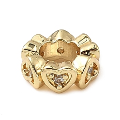 Настоящее золото 18K Латунь микропаве прозрачный кубический цирконий европейский бисер, бусины с большим отверстием, сердце, реальный 18 k позолоченный, 7.5x3 мм, отверстие : 4 мм