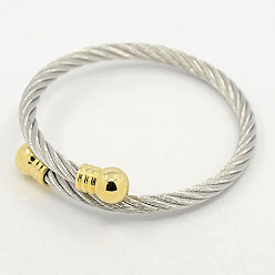 Golden Trendy Men 304 Stainless Steel Torque Bangles, 304 Stainless Steel Rope Bangles, with Metal Findings, Golden & Stainless Steel Color, 54mm