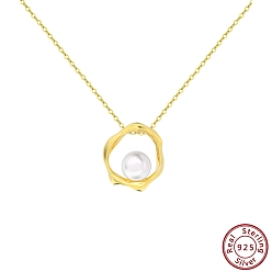 Real 14K Gold Plated 925 Sterling Silver & Natural Freshwater Pearl Pendants, Irregular Ring with Round Charms, Without Necklace, White, Real 14K Gold Plated, 14mm