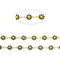 Black Handmade Eanmel Daisy Flower Link Chains, with Real 18K Gold Plated Brass Findings, Soldered, with Spool, Black, Link: 7.5x13x2mm