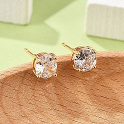 Прозрачный Плоские круглые серьги-гвоздики из латуни с паве из кубического циркония для женщин, без кадмия и без свинца, долговечный, стойки покрытие, золотые, прозрачные, 6 мм