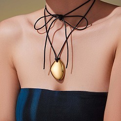 Oval 304 Женские ожерелья с подвеской из нержавеющей стали, регулируемые, черного вощеного шнура, золотые, овальные, 52.76 дюйм (134 см)