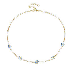 Light Sky Blue Cubic Zirconia Classic Tennis Necklace with Flower Links, Golden Brass Jewelry for Women, Light Sky Blue, 14.37 inch(36.5cm)