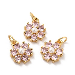 Pink Rack Plating Brass Micro Pave Cubic Zirconia Charms, with Pearl, Cadmium Free & Lead Free, Real 18K Gold Plated, Flower, Pink, 12.5x10.5x4mm, Hole: 3.6mm