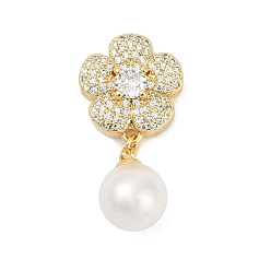 Настоящее золото 18K Латунные микро проложить кубического циркония подвески, цветок, с пластмассовой жемчужиной abs, без свинца и без кадмия, долговечный, реальный 18 k позолоченный, 30x15x6.5 мм, отверстие : 2 мм