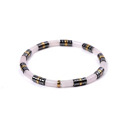 Розовый Кварц Богемные браслеты из натурального розового кварца и золотистого синтетического немагнитного гематита с эластичными бусинами для женщин., колонка и диск, 7.09 дюйм (18 см) ~ 7.48 дюйм (19 см)