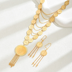 Золотой Комплекты из латунных многослойных монет с розовыми кисточками и серег для женщин, золотые, ожерелья: 21.65 дюйм (55 см)