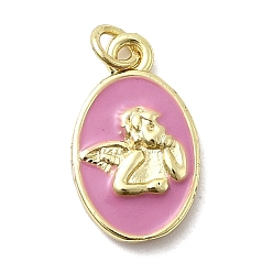 Бледно-Розовый Латунь эмаль подвески, овальные с ангелом, стойки покрытие, долговечный, без кадмия и без свинца, реальный 18 k позолоченный, с целью перехода в кольце, розовый жемчуг, 15.5x9.5x2.5 мм, отверстие : 3 мм