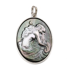 Black Lip Shell Rack Plating Carved Natural Black Lip Shell Pendants, Oval with Goddess Charm, with Brass Findings, 34.5x24x3mm, Hole: 5.5~6x3~3.5mm