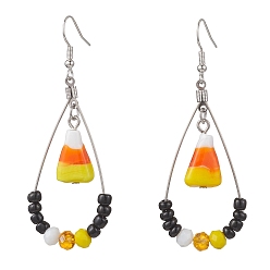 Платина Серьги-подвески из кукурузной латуни и стекла, с Lampwork, платина, 69x25 мм