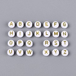 Золотистый Непрозрачные акриловые бусины, плоские круглые с буквы, золотой металл обвитыми, белые, золотые, 6.5~7x3.5~4 мм, отверстие : 1.5~1.6 мм, Около 3846 шт / 500 г