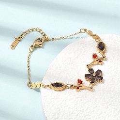 Purple 304 Stainless Steel Glass Flower Leaf Link Chain Bracelets, Ion Plating(IP), Golden, Purple, 5.91 inch(15cm)
