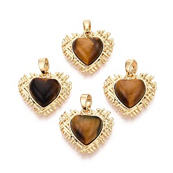 Настоящее золото 18K Природных тигровый глаз подвески, подвески в форме сердца с латунной оправой, реальный 18 k позолоченный, 16.5x18x6~6.5 мм, отверстие : 4.5x2.5 мм