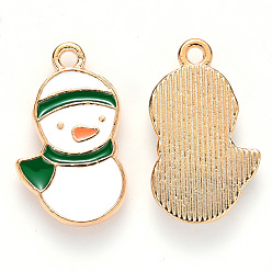 Green Alloy Enamel Pendants, for Christmas, Snowman, Light Gold, Green, 20x12x2mm, Hole: 1.6mm