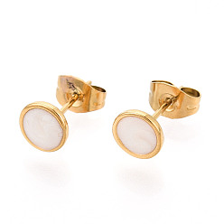 Белый Плоские круглые 304 серьги-гвоздики из нержавеющей стали с эмалью, ионное покрытие (ip), реальный 18 k позолоченный, белые, 6.5 мм