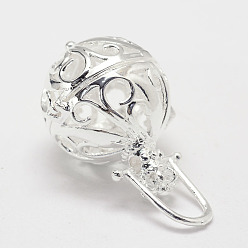 Серебро Экологически чистые винтажные латунные подвески в клетке, для ожерелья, полый круглый, без кадмия и без свинца, серебряный цвет гальваническим, 34x22 мм, отверстие : 7x7 мм