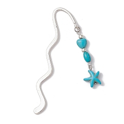 Морская звезда Волнистые закладки из сплава цинка, Подвеска-закладка из синтетической бирюзовой бусины, морская звезда, 85.5 мм, Кулон : 47.5x13.5x4.5 мм