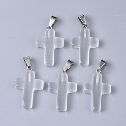 Clear Cat Eye Pendants, with Stainless Steel Peg Bails, Cross, Stainless Steel Color, Clear, 28~30x18x6mm, Hole: 7x3.5mm