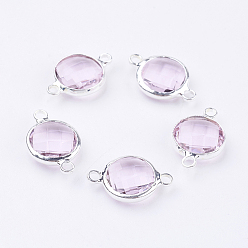Perle rosa Flache runde Gliederverbinder aus versilbertem Messingglas, facettiert, Perle rosa, 21x15x5.5 mm, Bohrung: 1.5 mm