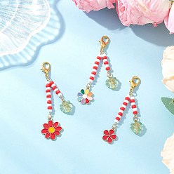 Golden 3Pcs Flower Alloy Enamel Pendant Decorations, with Glass Seed Beads and Lobster Claw Clasps, Golden, 72~79mm