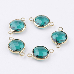 Темный Голубой Золотистые латунные стеклянные соединители, граненые, плоско-круглые, темные голубые, 16x10.5x4 мм, отверстие : 1.5 мм