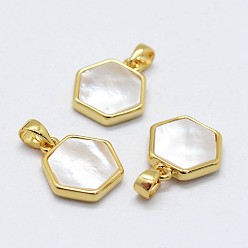 White Shell Natural White Shell Mother of Pearl Shell Charms, with Brass Findings, Hexagon, Golden, 12.5~13.5x12~12.5x2~2.5mm, Hole: 2.5x3~3.5mm