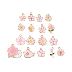Pink Подвески из эмали и сплава, цветочный шарм, золотой свет, розовые, 14~24x10~25.5x1~4 мм, отверстие : 2 мм, 30 шт / комплект