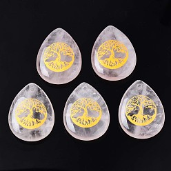 Розовый Кварц Природного розового кварца подвески, слеза с рисунком дерева жизни, 32~33.5x25~26x6.5~7.5 мм, отверстие : 2 мм, 6 шт / пакет