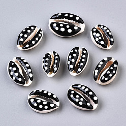 Black Natural Cowrie Shell Beads, with Enamel Polka Dot Pattern, No Hole/Undrilled, Black, 16~19x10~12.5x7mm
