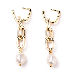 Golden Brass Huggie Hoop Earrings,  with Aluminum Cable Chains and Oval Natural Pearl Beads, Golden, 60mm, Pin: 1mm