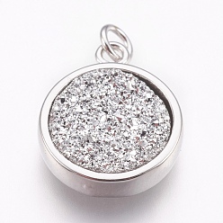 Silver Brass Charms, with Druzy Resin Cabochon, Flat Round, Platinum, Silver, 14x11.5x3mm, Hole: 2mm