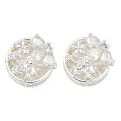 Silver Brass Micro Pave Clear Cubic Zirconia Beads, Flat Round & Flower, Silver, 12x6.5mm, Hole: 1.6mm