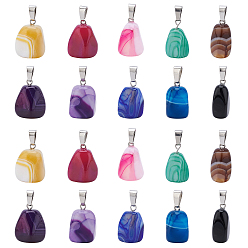 Mixed Color Natural Banded Agate/Striped Agate Pendants, Dyed, with Stainless Steel Snap On Bails, Cuboid, Stainless Steel Color, Mixed Color, 20~23x9~13x9~13mm, Hole: 3~4x7~8.5mm, 20pcs/box