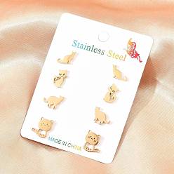 Золотой 4 пары 304 серьги-гвоздики из нержавеющей стали, форма кошки, золотые, 7.5~11x7~10.5 мм