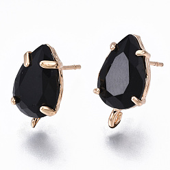 Black Brass Stud Earring Findings, with Opaque Glass and Loop, Long-Lasting Plated, Cadmium Free & Nickel Free & Lead Free, Teardrop, Light Gold, Black, 14x8.5mm, Hole: 1.2mm, Pin: 0.7mm