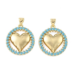 Chapado en Oro Real 18K Colgantes de circonita cúbica azul cielo con micro pavé de latón, redondo con dijes de corazón, chapado en rack, larga duración plateado, sin plomo y cadmio, real 18 k chapado en oro, 23.5x21x4 mm, agujero: 4x3.5 mm