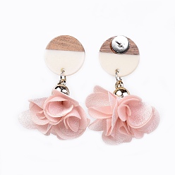 Pink Stud Earrings, with Cloth Pendant, Resin & Wood Pendants and Stainless Steel Findings, Flat Round and Flower, Pink, 46.5~50.5mm, Flat Round: 18x2.8mm, Flower: 26.5~30.5x26.5~32mm, Pin: 0.6mm