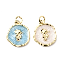 Sea Horse Латунные подвески, с эмалью, с целью перехода в кольце, золотые, морской конек, 17.5x15x2.5~3.5 мм, отверстие : 3.2 мм