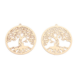 Light Gold Rack Plating Brass Filigree Pendants, Long-Lasting Plated, Flat Round with Tree of Life Charm, Nickel Free, Light Gold, 32x30x0.4mm, Hole: 1.1mm