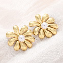 Настоящее золото 18K Серьги-гвоздики из искусственного жемчуга с цветком из латуни и АБС-пластика, стойки покрытие, прочное покрытие, без кадмия и без свинца, реальный 18 k позолоченный, 23x23.5 мм